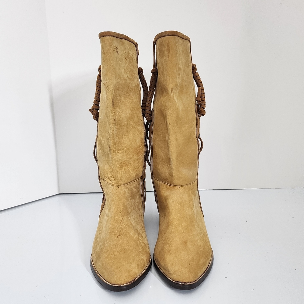 Vintage 80's Maine Woods Leather Boots Tan Low Heel Western DORADO RUN SMALL - Picture 3 of 16